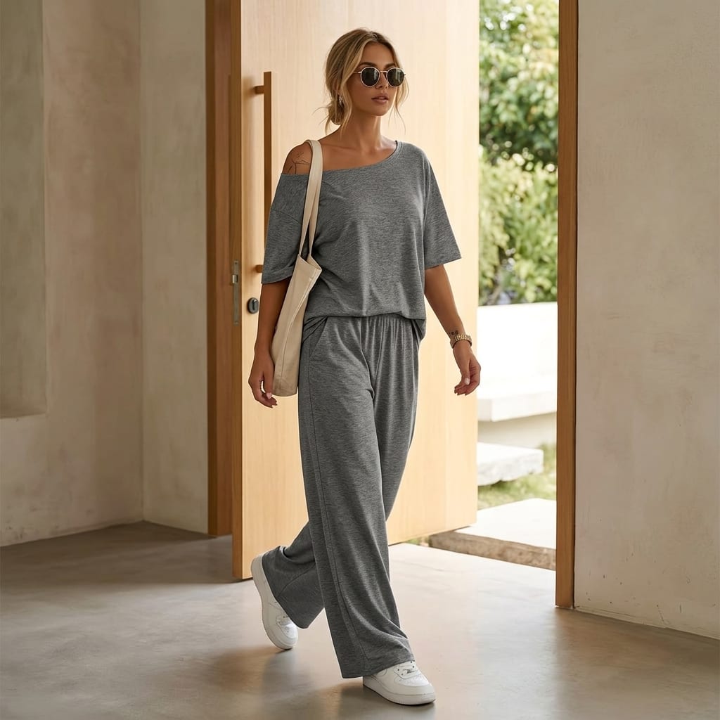 Annika Off-Shoulder Top and Wide Leg Pants Two Piece Lounge Set_4