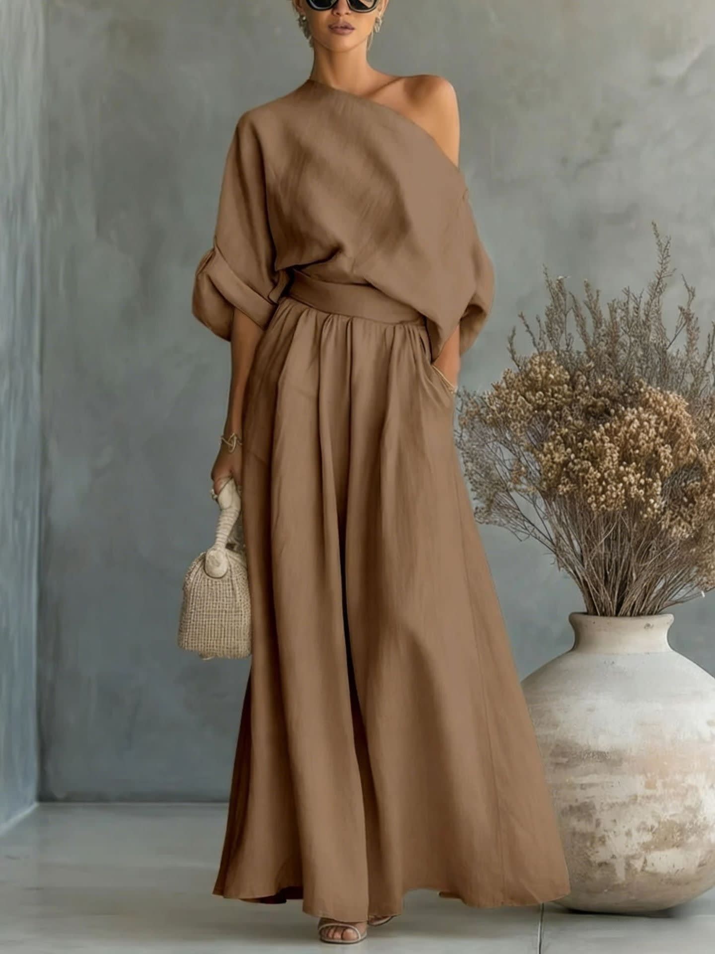 Polina One Shoulder Linen Maxi Set_10