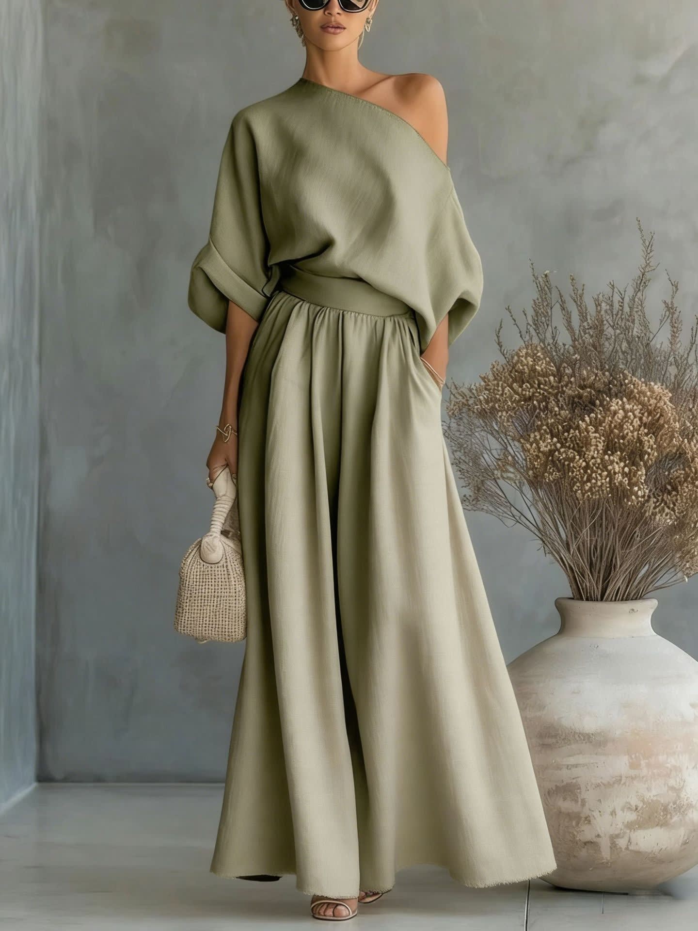 Polina One Shoulder Linen Maxi Set_12