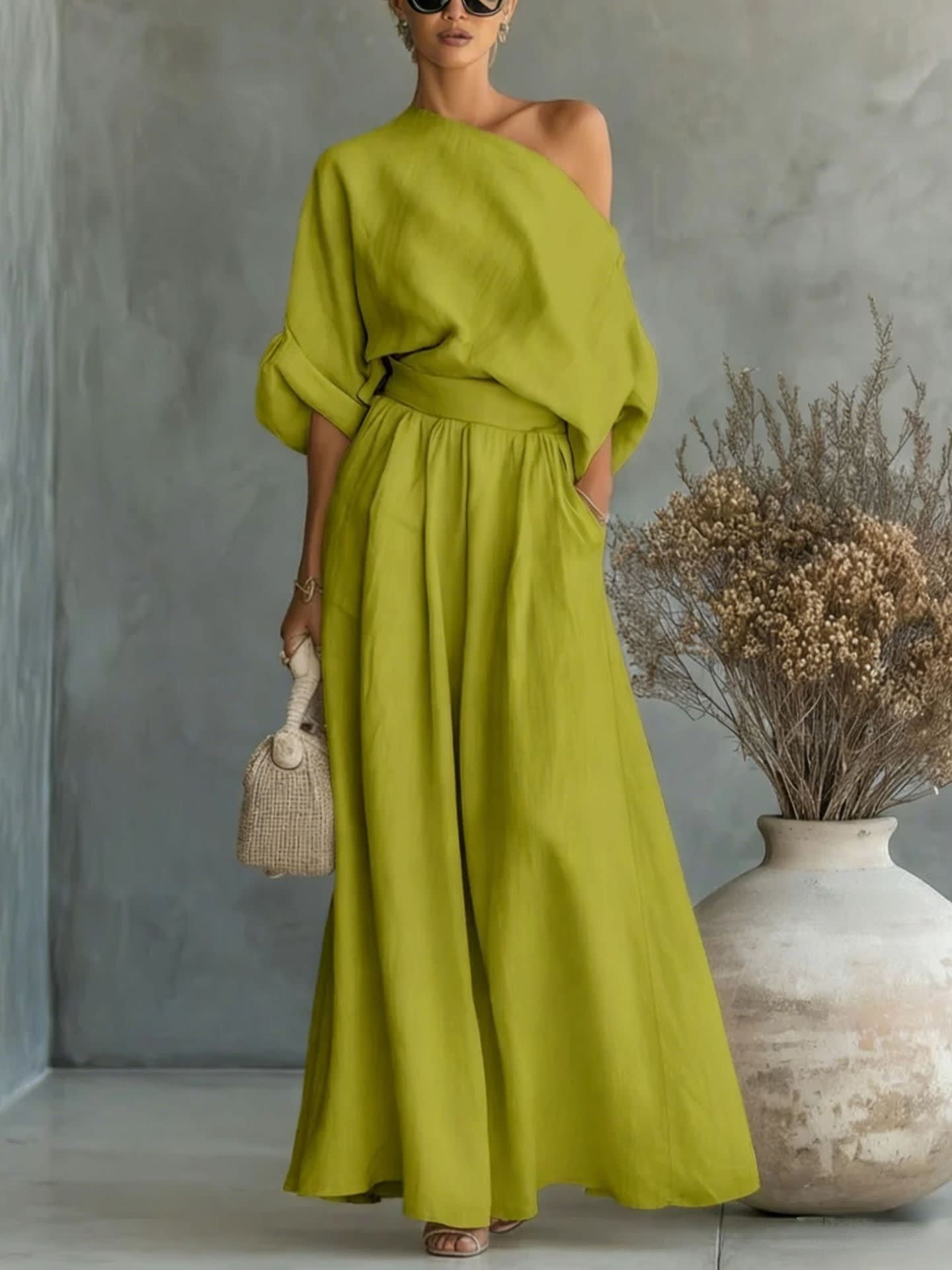 Polina One Shoulder Linen Maxi Set_13