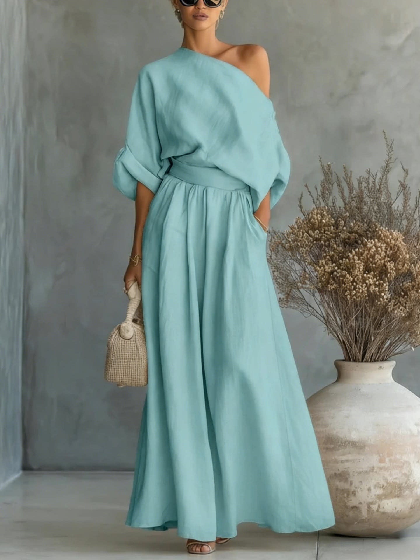 Polina One Shoulder Linen Maxi Set_14