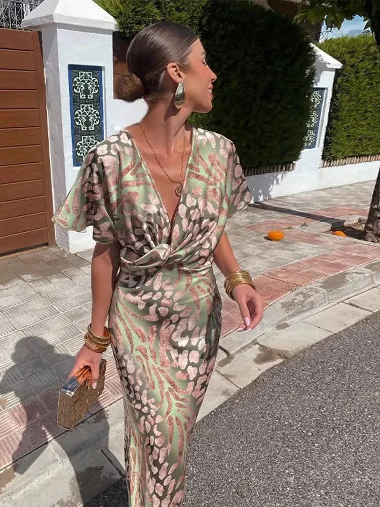Rosamund Printed V-Neck Wrap Wedding Guest Midi Dress_3