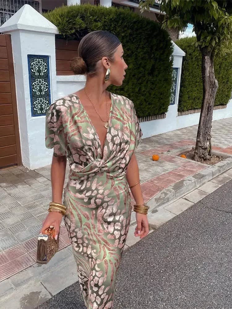 Rosamund Printed V-Neck Wrap Wedding Guest Midi Dress_6