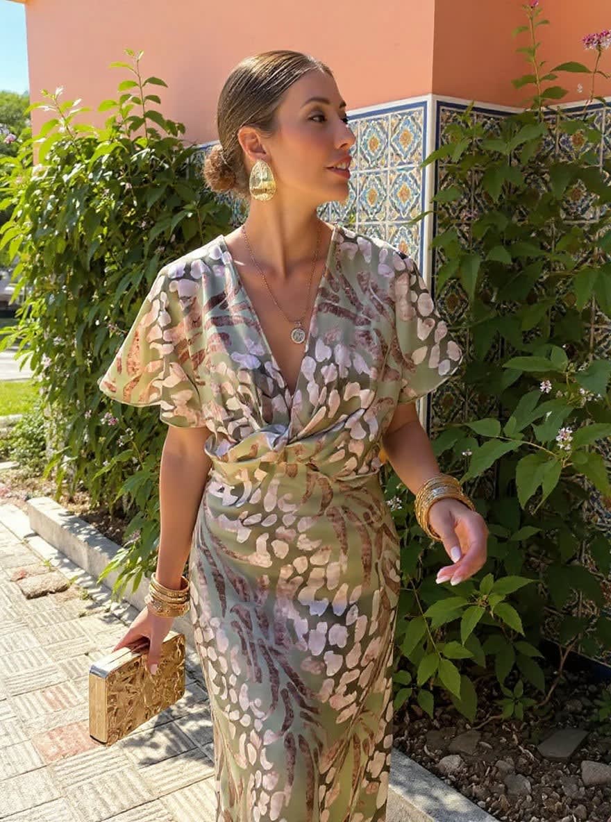 Rosamund Printed V-Neck Wrap Wedding Guest Midi Dress_7