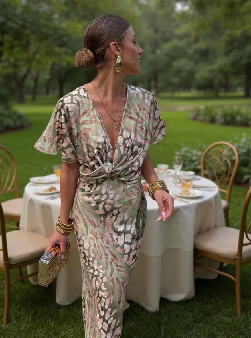 Rosamund Printed V-Neck Wrap Wedding Guest Midi Dress_8