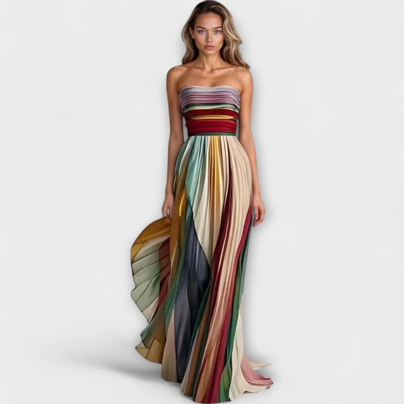 Georgina Strapless Rainbow Stripe Wedding Guest Maxi Dress_1