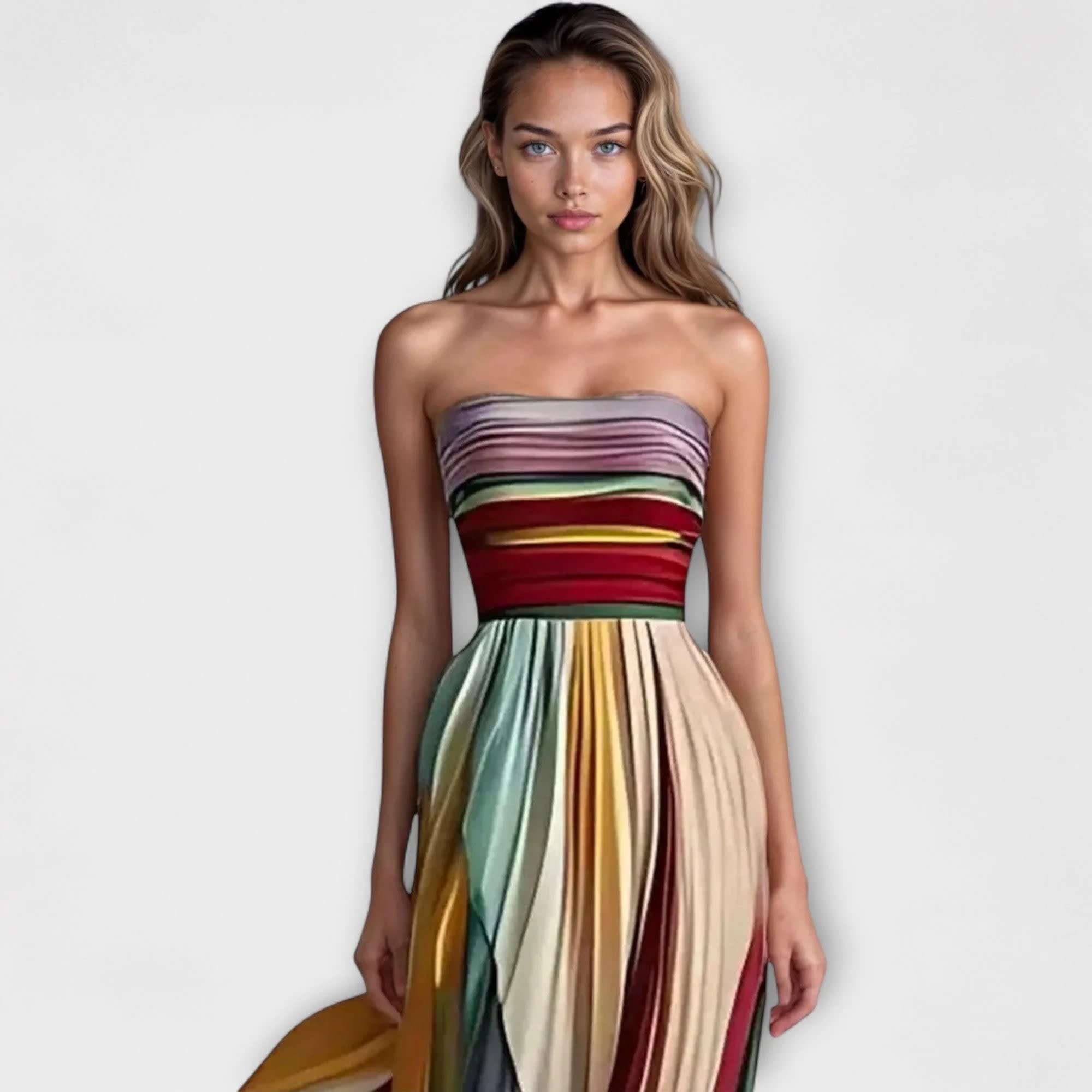 Georgina Strapless Rainbow Stripe Wedding Guest Maxi Dress_4