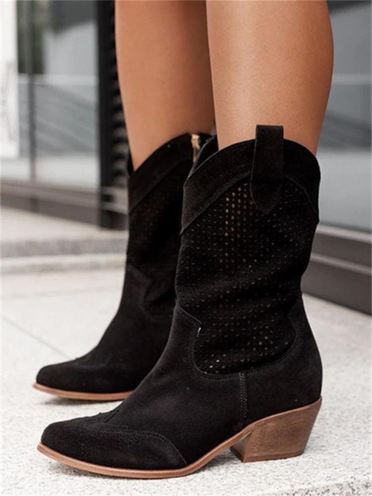 Holly Perforated White Block Heel Cowboy Boots_3