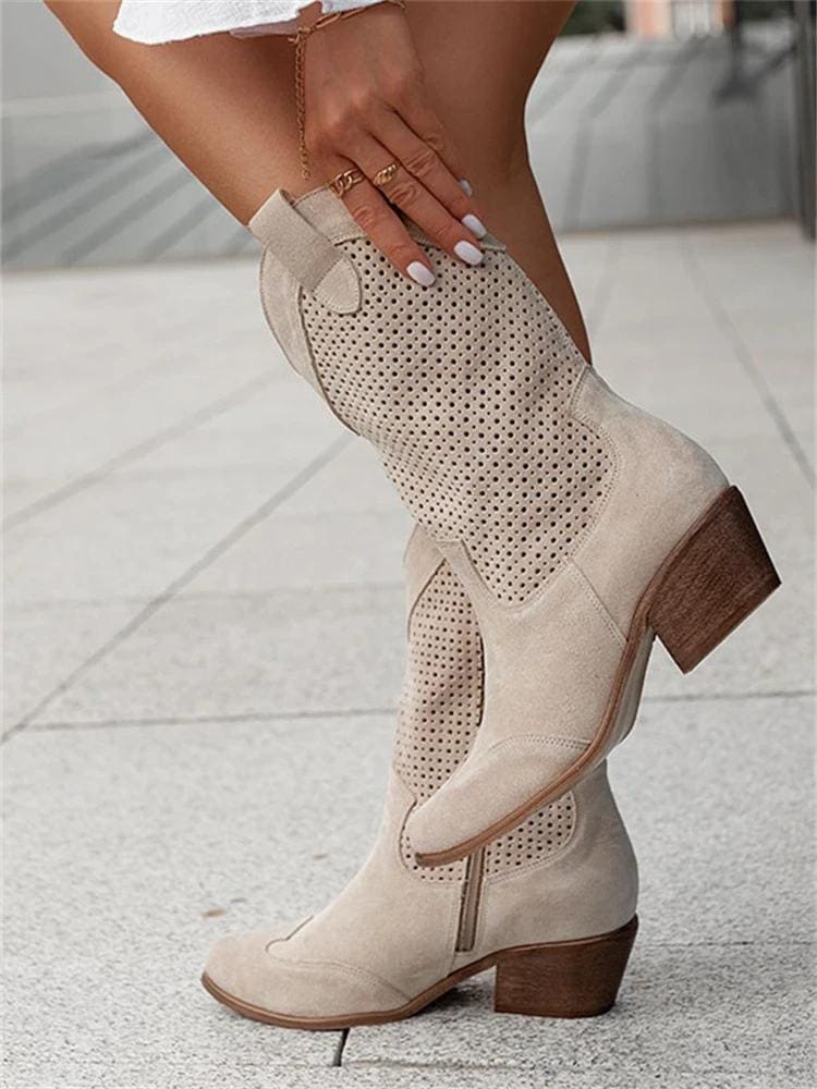 Holly Perforated White Block Heel Cowboy Boots_5