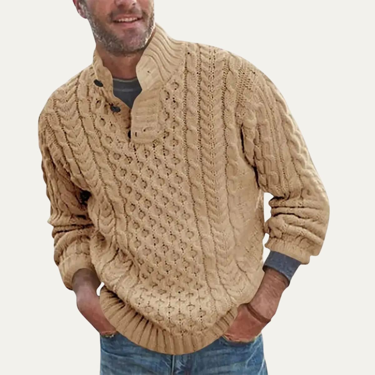 James Cable Knit Button Neck Sweater_2