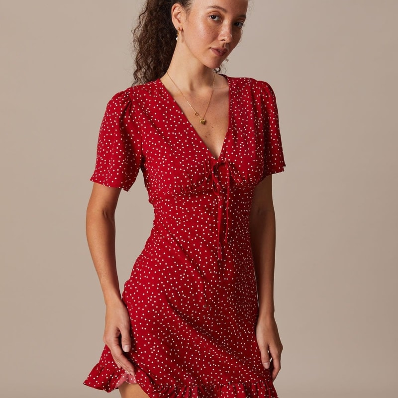 Aria Red Polka Dot V-Neck Ruffle Summer Dress_1