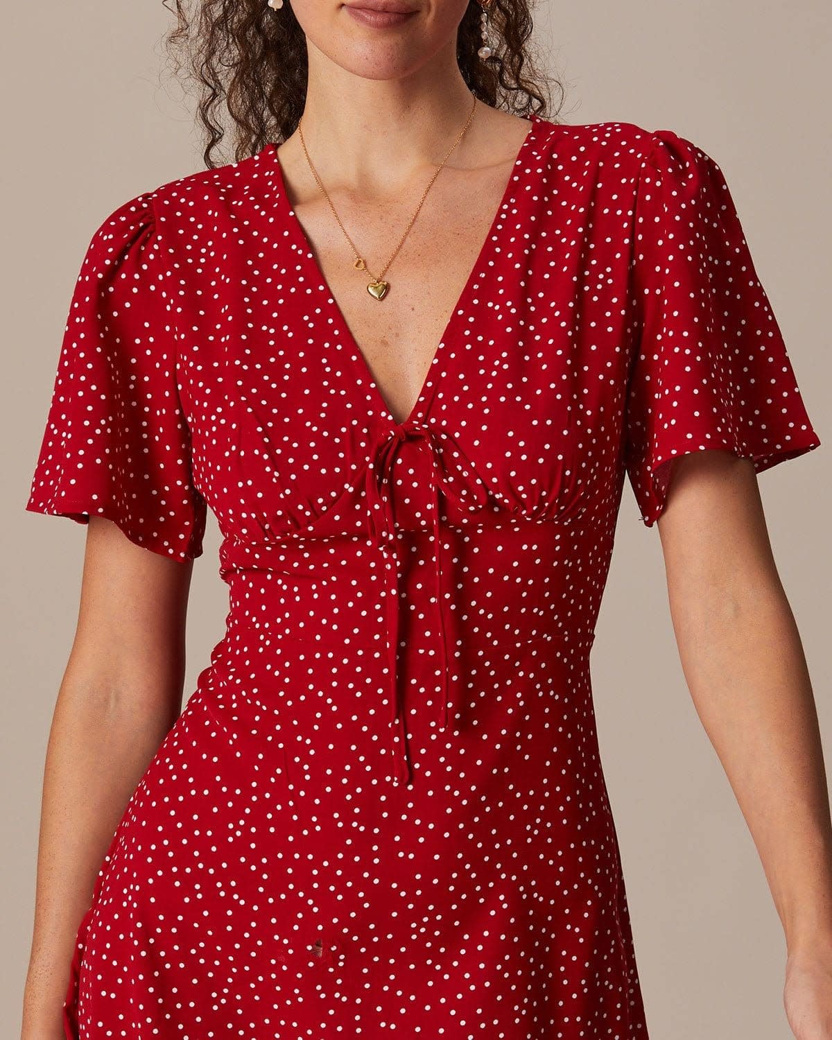 Aria Red Polka Dot V-Neck Ruffle Summer Dress_2
