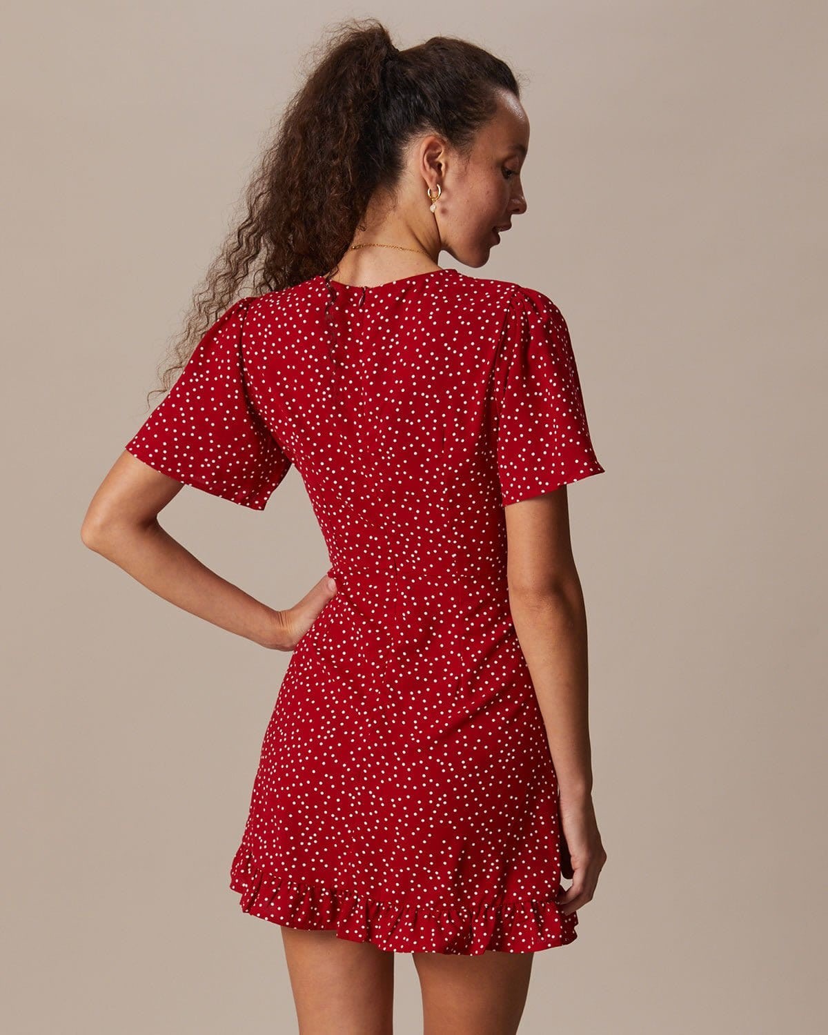 Aria Red Polka Dot V-Neck Ruffle Summer Dress_5