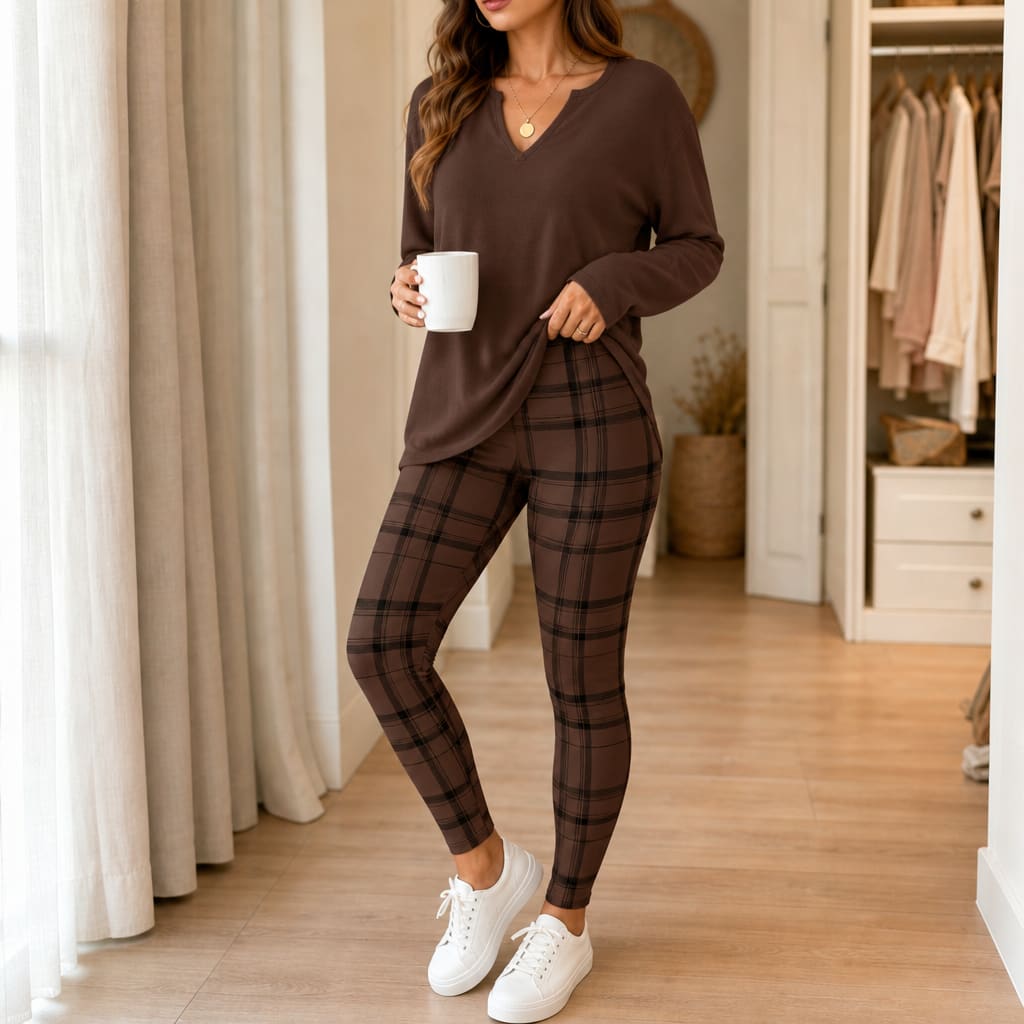 Amara V-Neck Knit Top and Plaid Leggings Two Piece Set_11