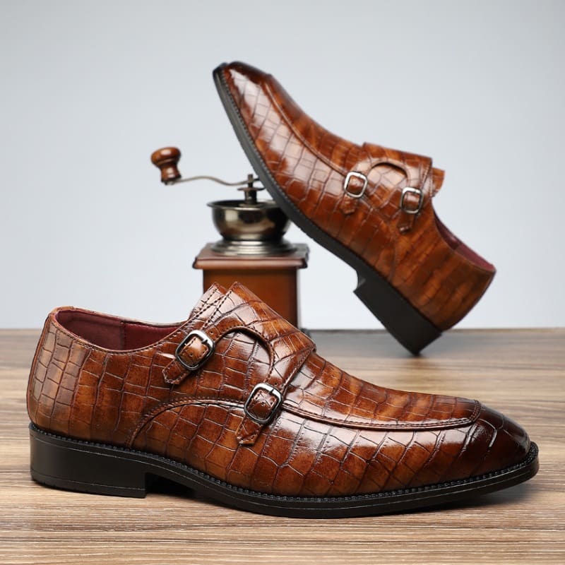 Lloyd Croc Embossed Leather Double Monk Strap Loafers_2