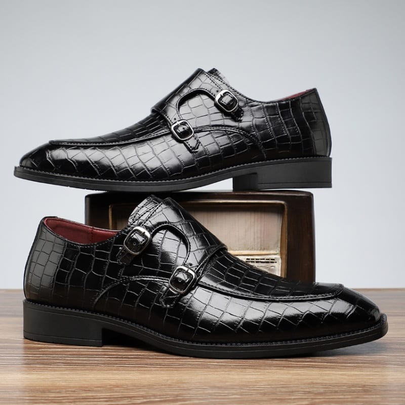 Lloyd Croc Embossed Leather Double Monk Strap Loafers_6