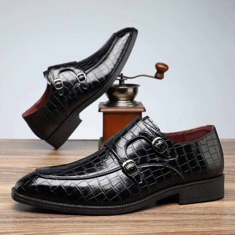 Lloyd Croc Embossed Leather Double Monk Strap Loafers_7