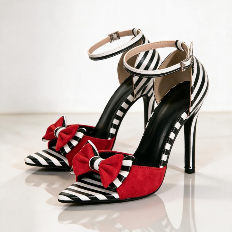 Natalina Striped Bow Ankle Strap Heels_1