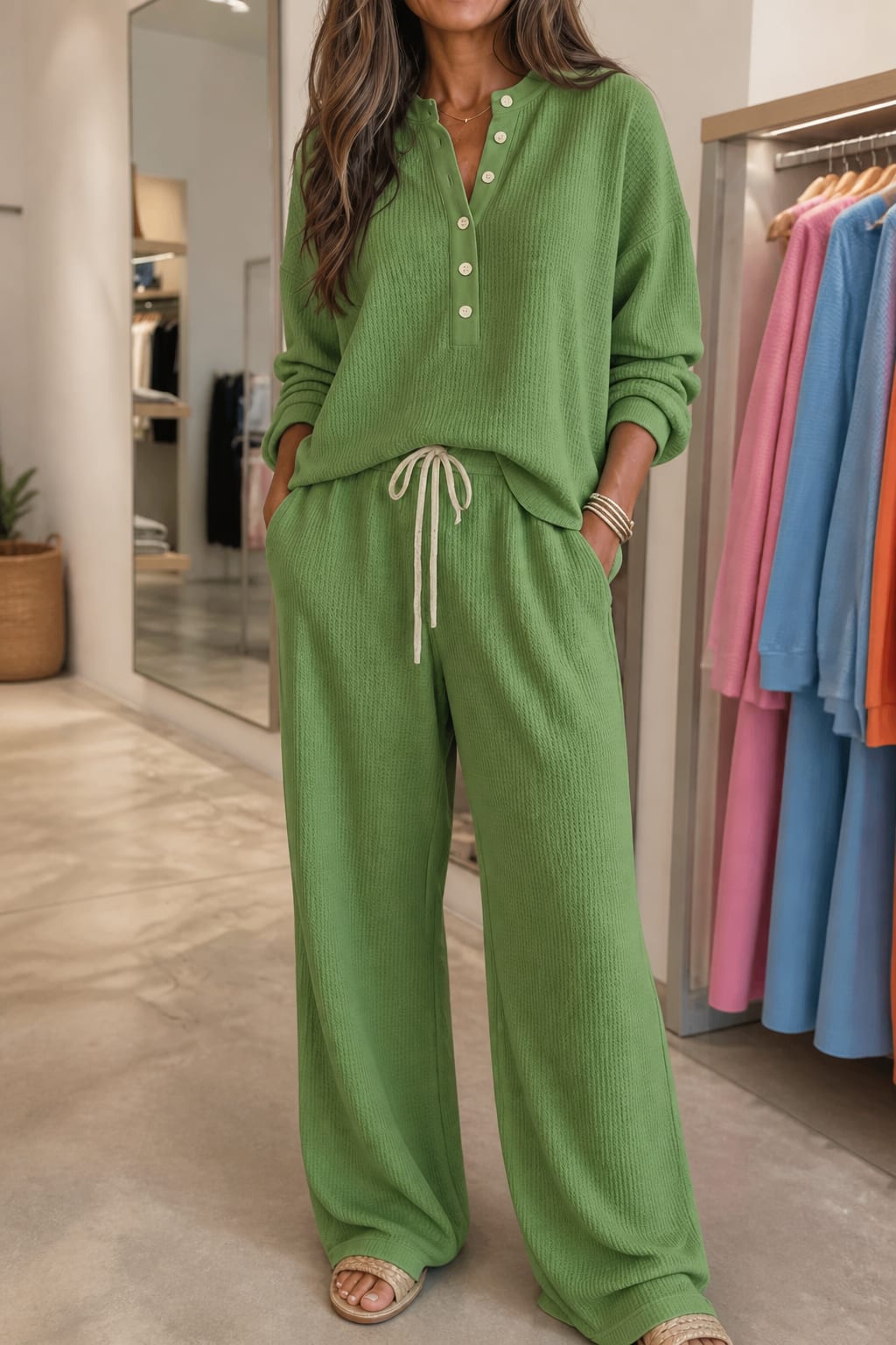 Sabrina Waffle Knit Henley Top and Wide Leg Drawstring Lounge Set_12