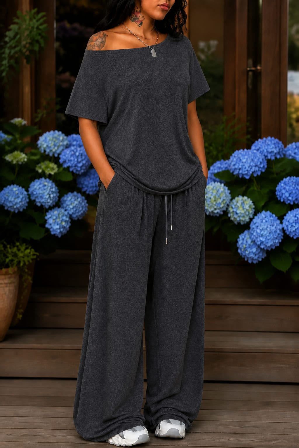 Cordelia Off-Shoulder Short Sleeve Top and Wide Leg Pants Two Piece Set_14