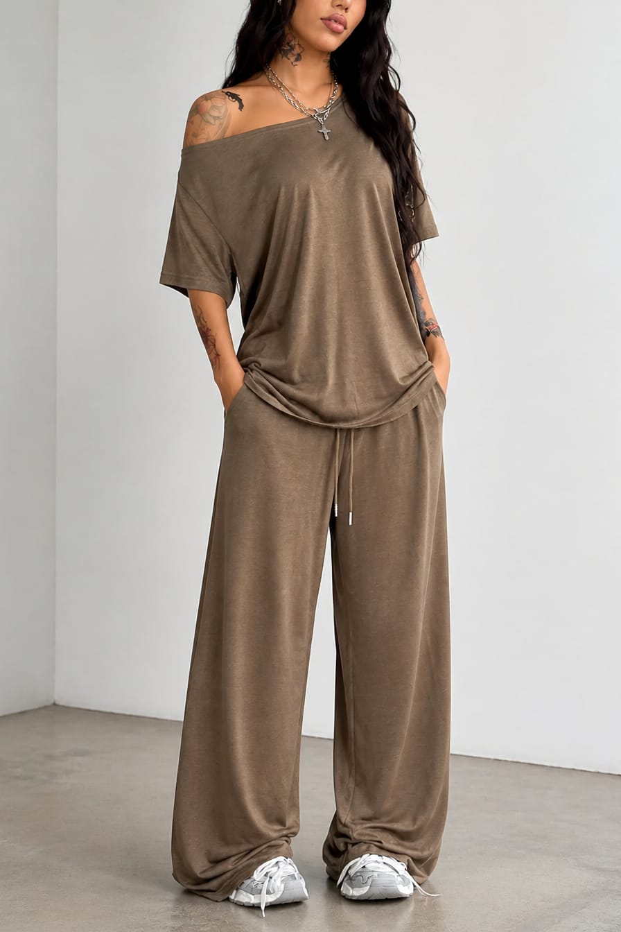 Cordelia Off-Shoulder Short Sleeve Top and Wide Leg Pants Two Piece Set_16